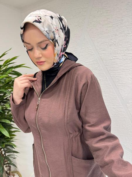 CEREMONY 26Y803 KAPÜŞONU VE ÖNÜ FERMUARLI KETEN KAP KAHVERENGİ