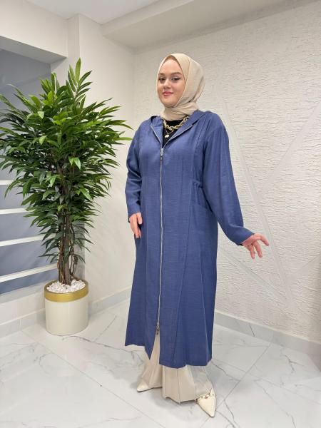 CEREMONY 26Y803 KAPÜŞONU VE ÖNÜ FERMUARLI KETEN KAP İNDİGO