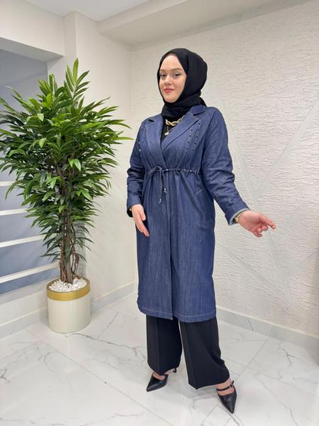 CEREMONY 26Y825 BELDEN KUŞAKLI İNCİ DETAYLI DENİM KAP MAVİ