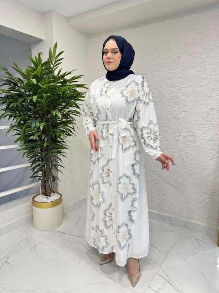 CEREMONY 26Y845 ÖNDEN DÜĞMELİ ÇİÇEK PAYETLİ KETEN ELBİSE ORİJİNAL