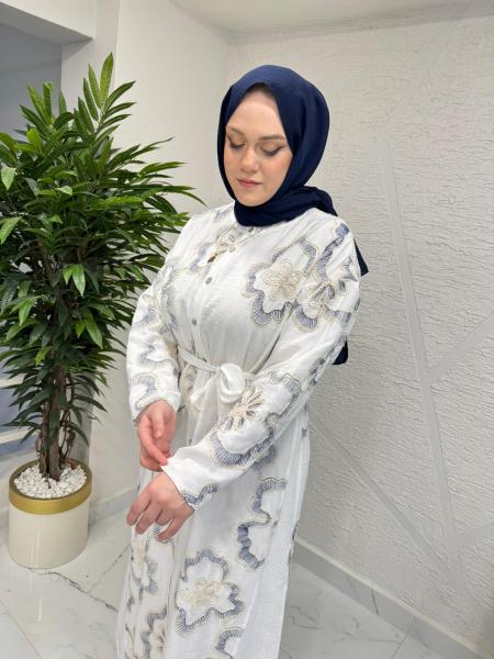 CEREMONY 26Y845 ÖNDEN DÜĞMELİ ÇİÇEK PAYETLİ KETEN ELBİSE ORİJİNAL