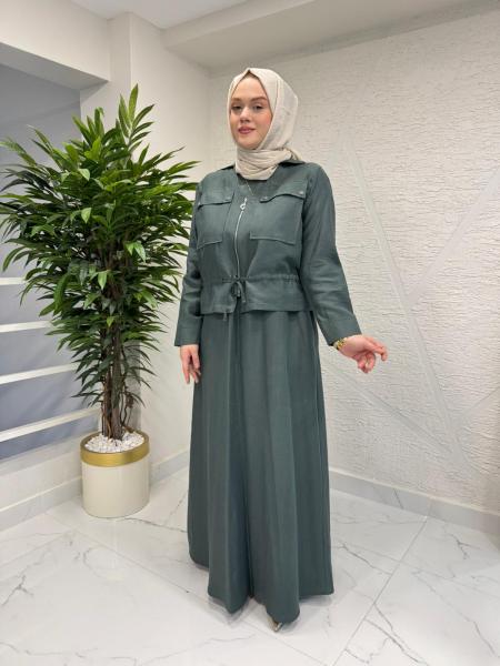 CEREMONY 26Y909 BELİ BÜZGÜLÜ VE FERMUAR DETAYLI SAFARİ BOLEROLU ELBİSE YEŞİL