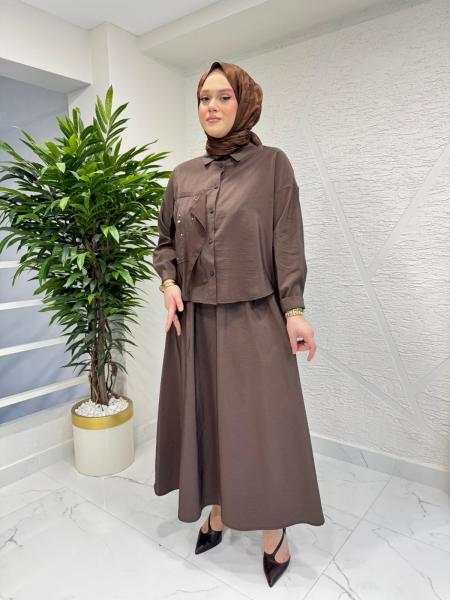 CEREMONY 26Y913 SAĞ ÖN BEDENİ ŞİFON DETAYLI KRAŞ VE TAŞ SÜSLEMELİ ETEKLİ DUBAİ TAKIM KAHVERENGİ