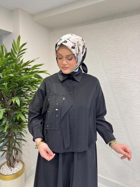 CEREMONY 26Y913 SAĞ ÖN BEDENİ ŞİFON DETAYLI KRAŞ VE TAŞ SÜSLEMELİ ETEKLİ DUBAİ TAKIM SİYAH