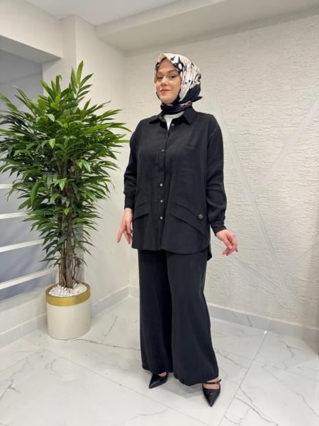 CEREMONY 26Y927 CEP KAPAKLARI TAŞ İŞLEMELİ MODAL PANTOLONLU TAKIM SİYAH