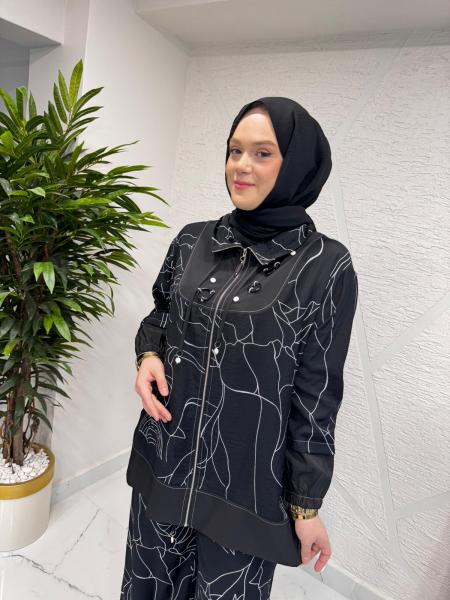 CEREMONY 26Y947 HALKA AKSESUAR DETAYLI ÖNDEN FERMUARLI SAMARA PANTOLONLU TAKIM SİYAH