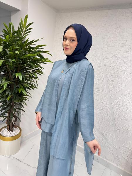 CEREMONY 26Y965 BLUZUNUN ÖNÜ PARÇALI BOL PAÇA PANTOLONLU NİL TAKIM MAVİ