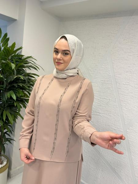 CLEMENCE 1383 NİL KREP ETEKLİ TAKIM BEJ