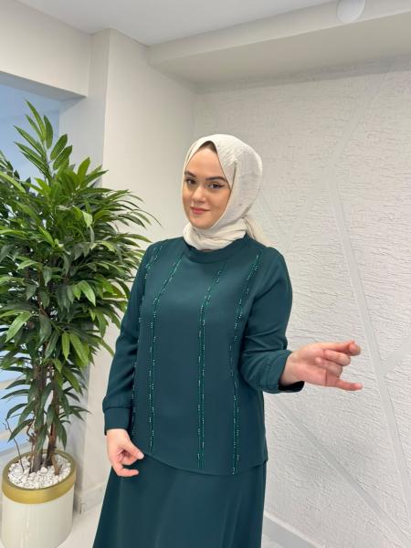 CLEMENCE 1383 NİL KREP ETEKLİ TAKIM YEŞİL