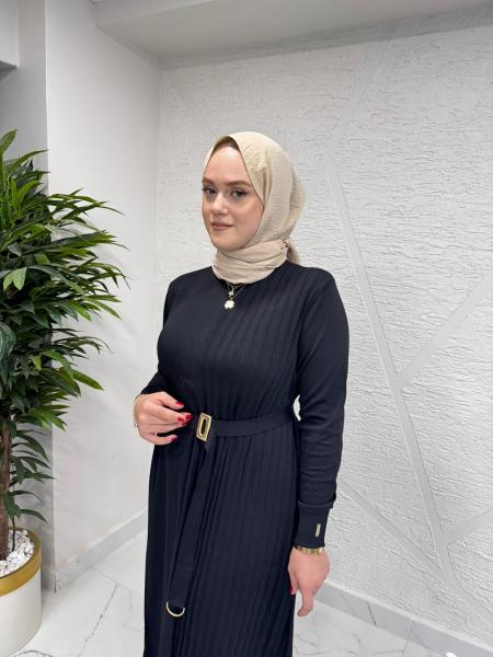 NİLİWİ 3093 SOL TARAFI PİLELİ TRİKO ELBİSE SİYAH