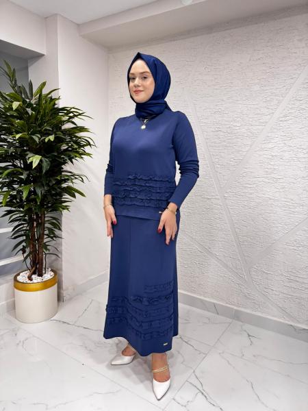 NİLİWİ 3080 FIRFIRLI ETEK BLUZ TRİKO TAKIM LACİVERT