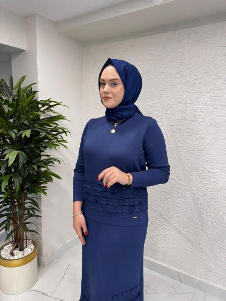 NİLİWİ 3080 FIRFIRLI ETEK BLUZ TRİKO TAKIM LACİVERT