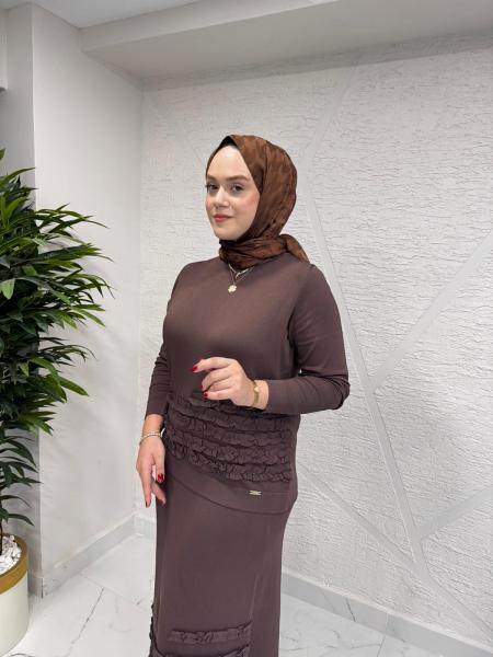 NİLİWİ 3080 FIRFIRLI ETEK BLUZ TRİKO TAKIM KAHVERENGİ