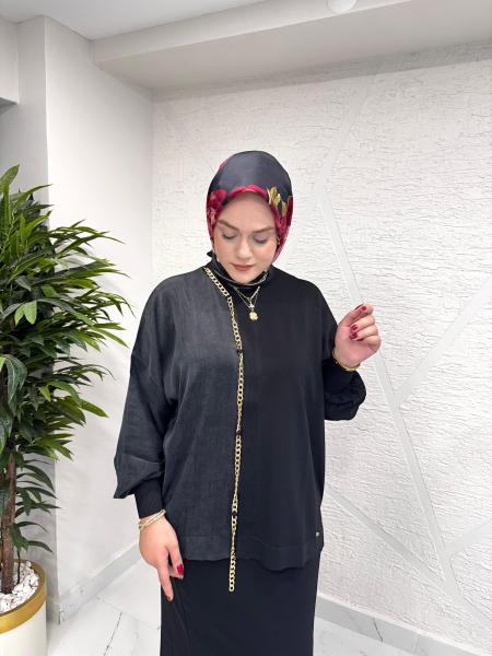 NİLİWİ 3100 YARISI KUMAŞ ZİNCİRLİ YARASAKOL TRİKO BLUZ SİYAH