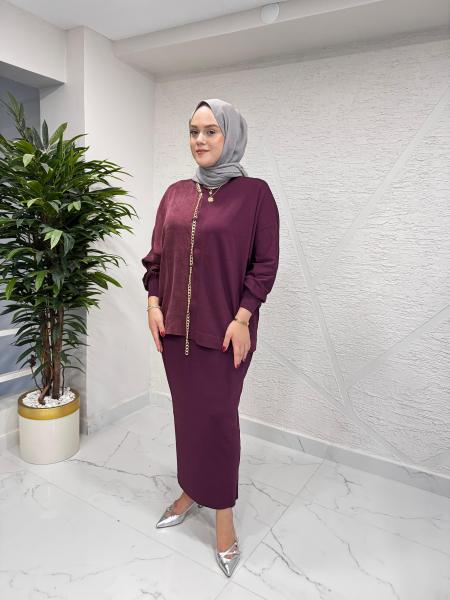 NİLİWİ 3100 YARISI KUMAŞ ZİNCİRLİ YARASAKOL TRİKO BLUZ BORDO