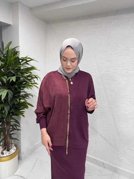 NİLİWİ 3100 YARISI KUMAŞ ZİNCİRLİ YARASAKOL TRİKO BLUZ BORDO