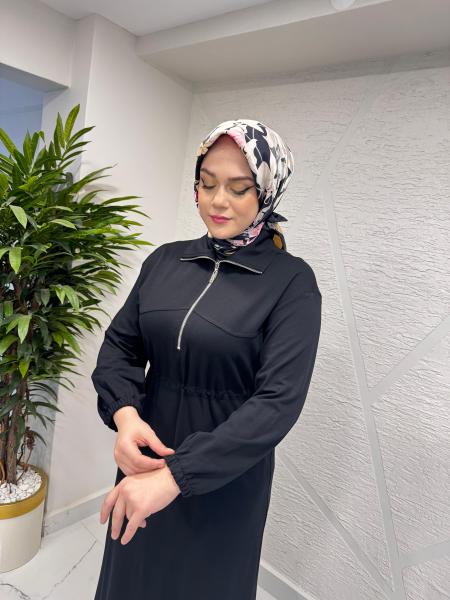 İKOL 36163 KESİK DETAYLI FERMUAR YAKALI ELBİSE SİYAH