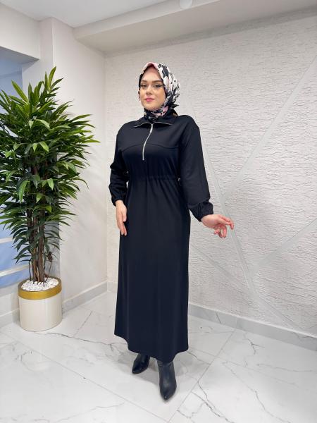İKOL 36163 KESİK DETAYLI FERMUAR YAKALI ELBİSE SİYAH