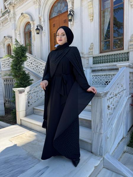 ETRUCCI 4359 ŞİFON PELERİNLİ YAPIŞTIRMA TAŞ DETAYLI ELBİSE SİYAH