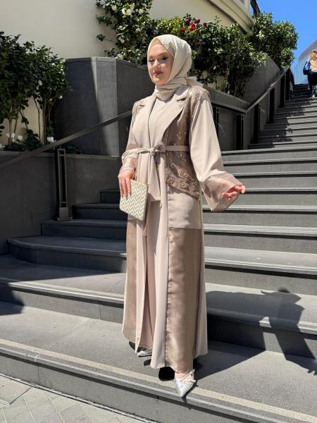 ETRUCCI 6251 BONCUK İŞLEME DETAYLI ABAYA (İÇLİKSİZ) BEJ