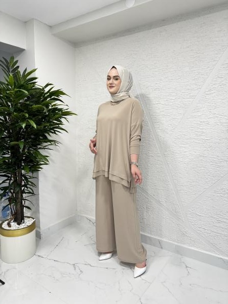 CEREMONY 59109 TUNİĞİNİN TEK KOLU FIRFIR ŞİFON VE İNCİ DETAYLI SANDY PANTOLON TAKIM BEJ