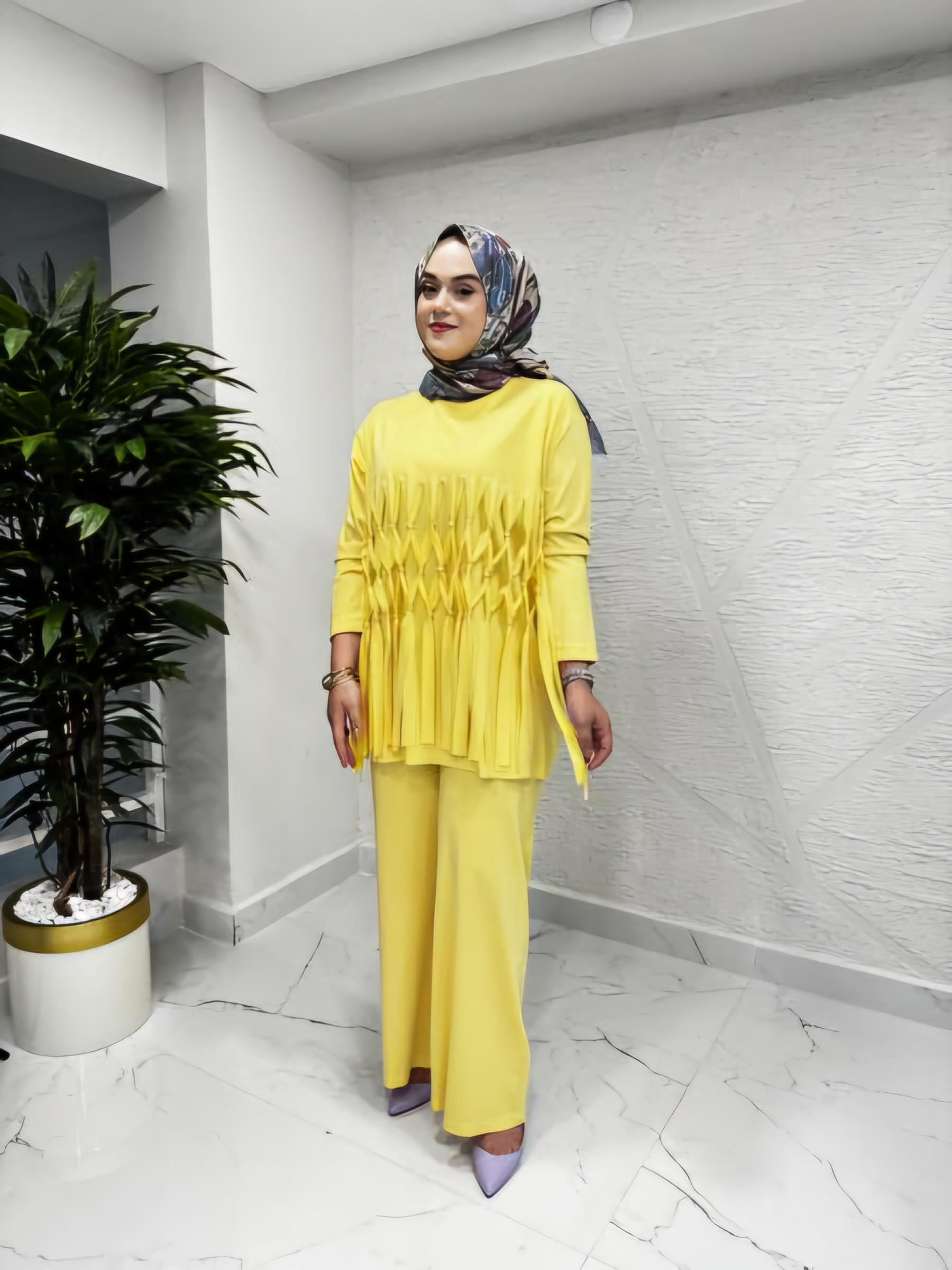 CEREMONY 5969 DÜĞÜMLÜ VE SAÇAKLI BAMBU PANTOLONLU TAKIM SARI