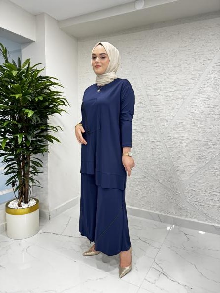 CEREMONY 5933 PAÇASI FERMUAR DETAYLI PANTOLONLU BAMBU TAKIM LACİVERT