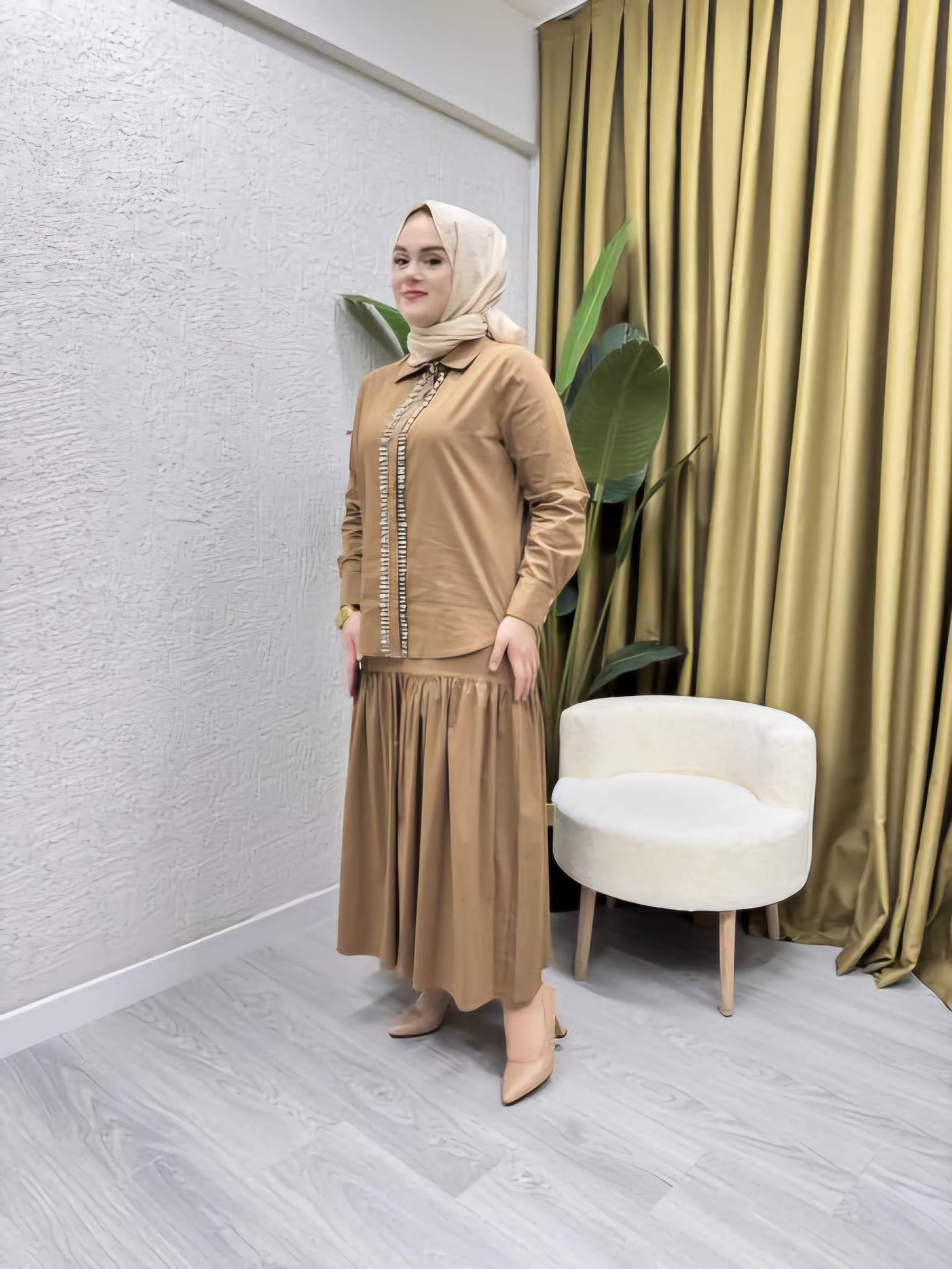 MYRED 50176 GÖMLEĞİ TAŞ İŞLEMELİ TAKIM CAMEL