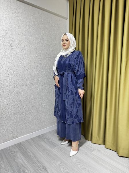 CLEMENCE 5398 YELEKLİ İPEK ELBİSE LACİVERT