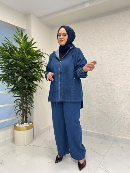 QAF 0285 KAPÜŞONLU PANTOLON KOT TAKIM MAVİ