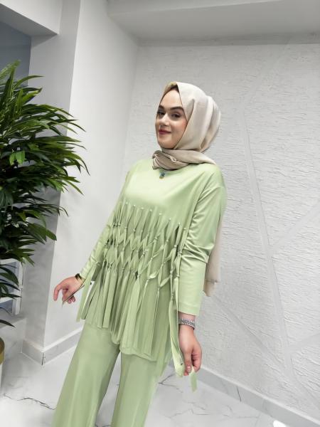 CEREMONY 5969 DÜĞÜMLÜ VE SAÇAKLI BAMBU PANTOLONLU TAKIM ELMA