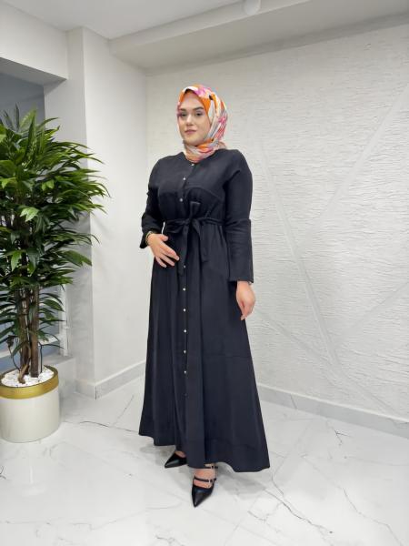 CEREMONY 5741 ÜÇGEN KUPLU ÖNDEN DÜĞMELİ BELİ KUŞAK KEMER DETAYLI PASION ELBİSE SİYAH