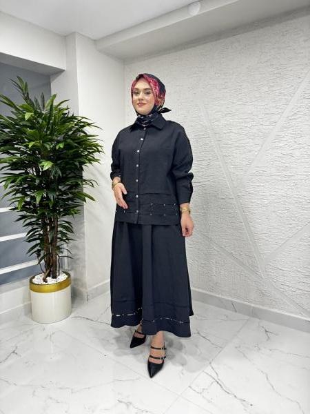 CEREMONY 59122 TUNİĞİ VE ETEĞİ BONCUK DETAYLI SEDEF DÜĞMELİ CUPRA ETEKLİ TAKIM SİYAH