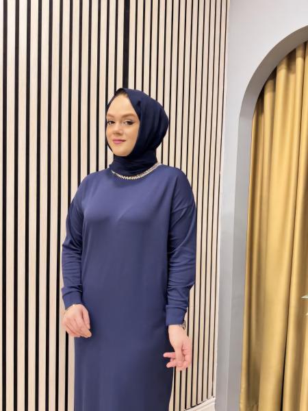 MISSEMRAMISS 4712 AMORE TAŞ İŞLEMELİ TRİKO ELBİSE LACİVERT