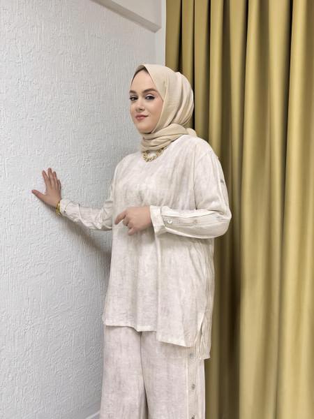 CEREMONY 5965 YANLARI FİLE VE DÜĞME DETAYLI TENSEL PANTOLONLU TAKIM TAŞ