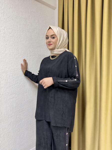 CEREMONY 5965 YANLARI FİLE VE DÜĞME DETAYLI TENSEL PANTOLONLU TAKIM SİYAH
