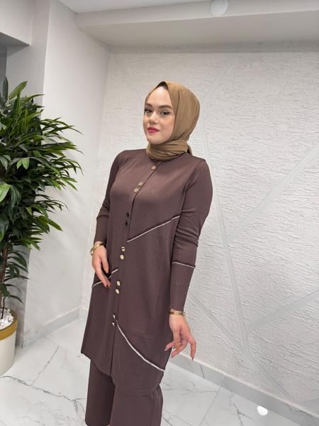 MİSSA SOĞUK İP YUMOŞ DÜĞMELİ HIRKA PANTOLONLU TAKIM KAHVERENGİ