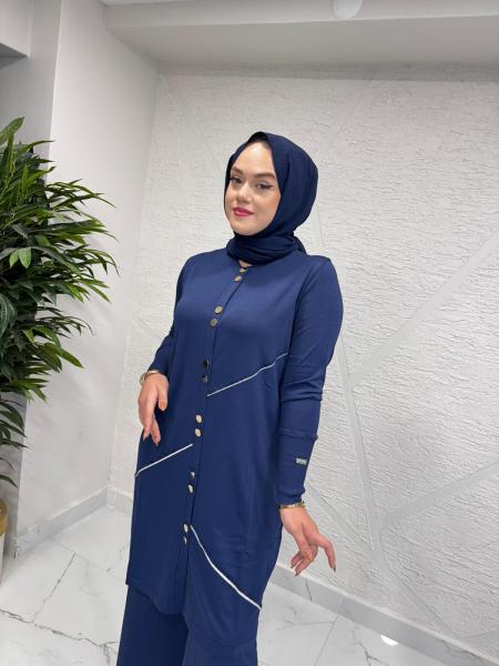 MİSSA SOĞUK İP YUMOŞ DÜĞMELİ HIRKA PANTOLONLU TAKIM LACİVERT