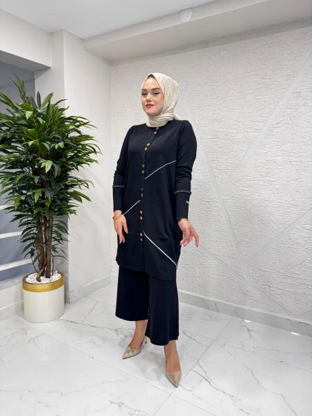 MİSSA SOĞUK İP YUMOŞ DÜĞMELİ HIRKA PANTOLONLU TAKIM SİYAH