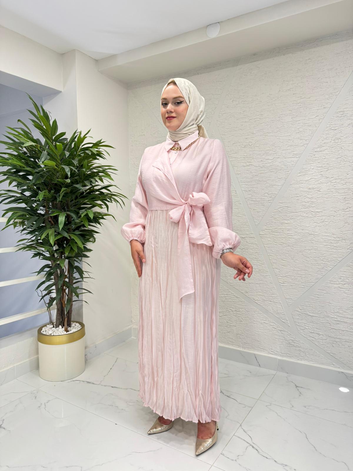 CEREMONY 26Y747 BELDEN BAĞLAMALI KOLLARI LASTİK DETAYLI NİL ELBİSE PEMBE