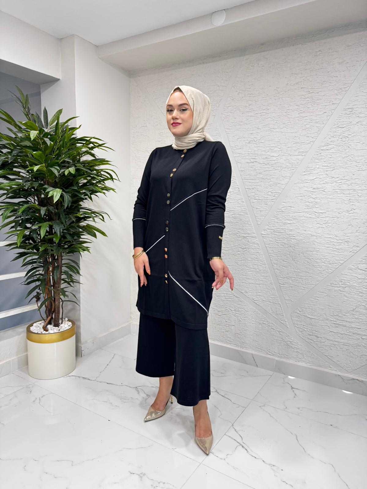 MİSSA SOĞUK İP YUMOŞ DÜĞMELİ HIRKA PANTOLONLU TAKIM SİYAH
