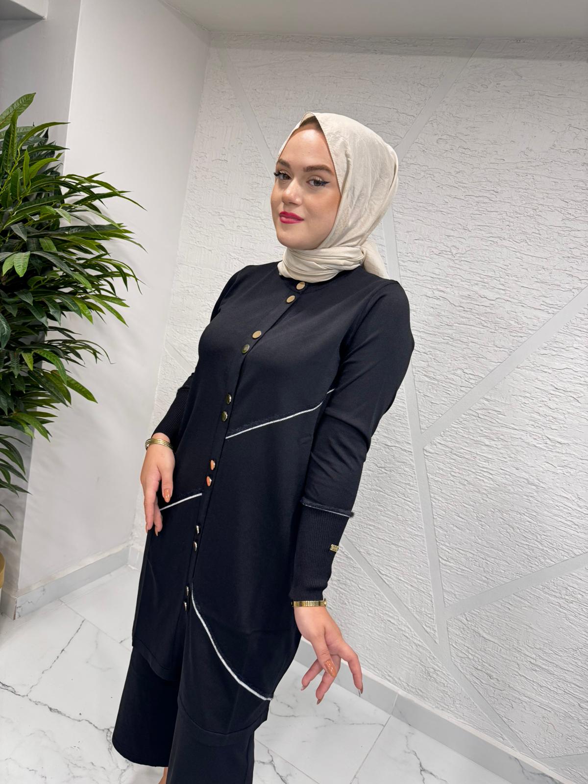 MİSSA SOĞUK İP YUMOŞ DÜĞMELİ HIRKA PANTOLONLU TAKIM SİYAH